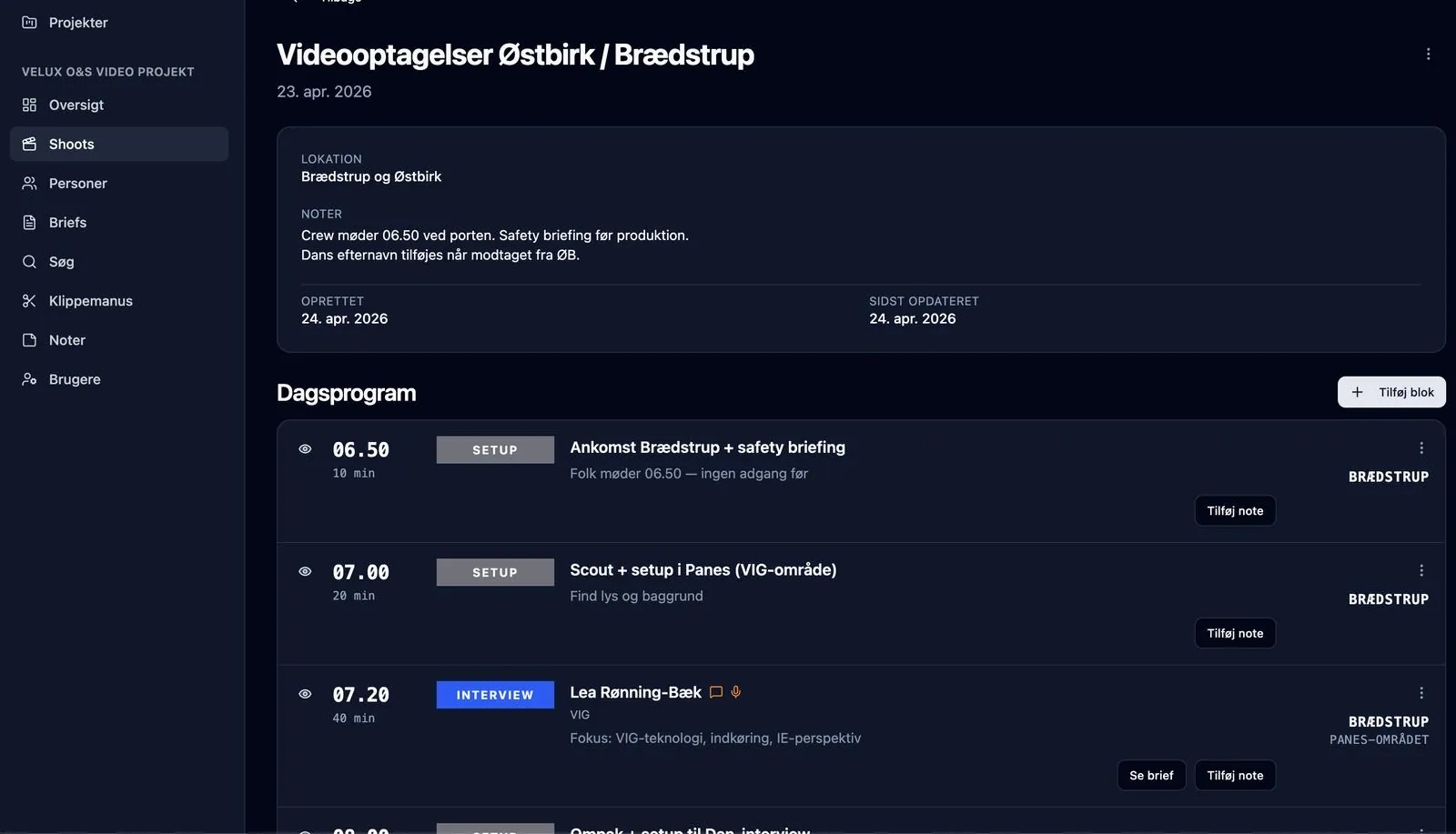 NB Runsheet: dagsprogram for videoproduktion med AI-søgning i transcripts